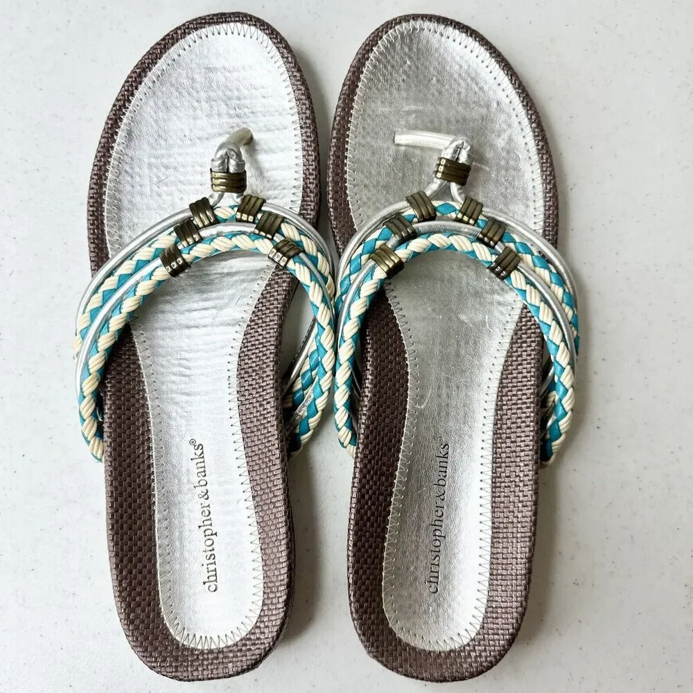 Christopher & Banks‎ Sz 11 M Blue & Silver Flip Flop Synthetic Women Sandals